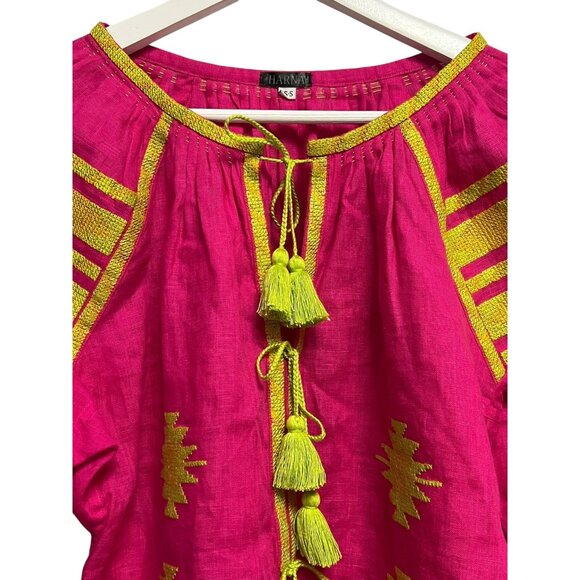Harna‎ Blouse Womens XS-S Pink Yellow Embroidered Linen Ukraine Boho Tassel Top - Picture 4 of 13